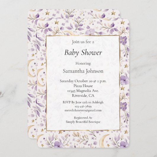 Invitation Baby Shower Lunes Estrellas y Flores Purpura (Devant / Derrière)