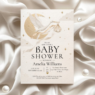 Invitation Baby Shower Luxe Or Stork Céleste Doré