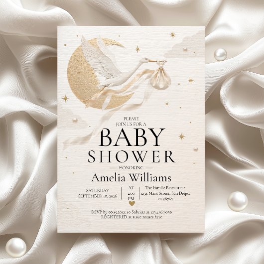 Invitation Baby Shower Luxe Or Stork Céleste Doré
