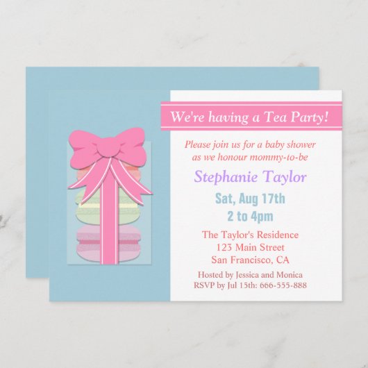 Invitation Baby shower Macaron Tea Party, bleu et rose (Devant / Derrière)
