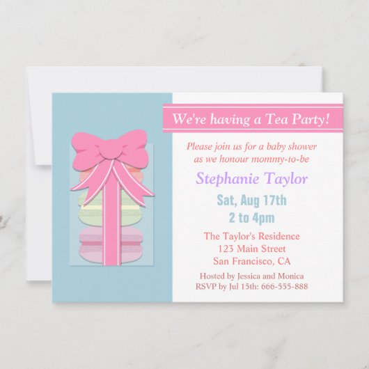Invitation Baby shower Macaron Tea Party, bleu et rose (Devant)