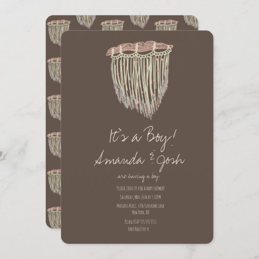 Invitation Baby shower Macrame accrochage Rustique Boho (Devant / Derrière)