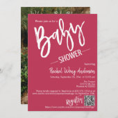Invitation Baby shower Magenta Script simple QR Code Photo (Devant / Derrière)