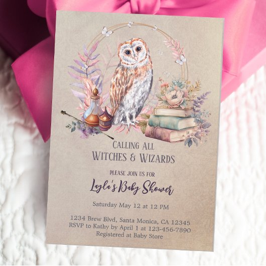Invitation Baby shower Magic Owl Girl Wizard