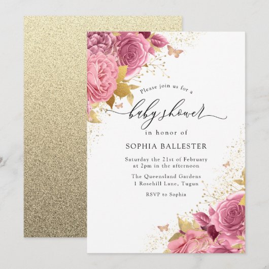 Invitation Baby shower Magical Blush Rose Gold Flowers (Devant / Derrière)