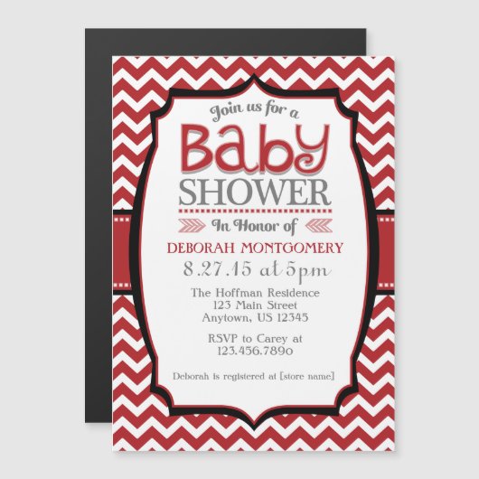 Invitation Baby shower magnétique Red White Chevro (Devant / Derrière)