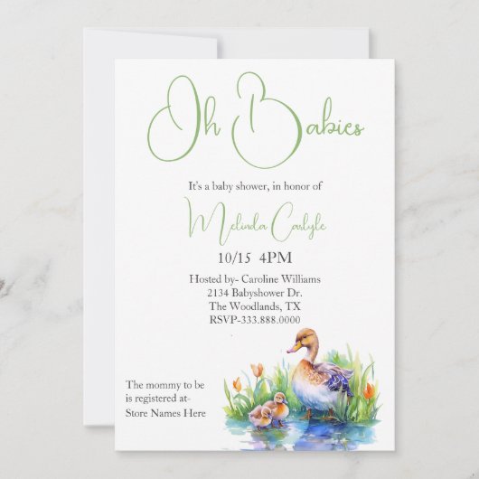 Invitation Baby shower Mama et Twin Ducklings (Devant)