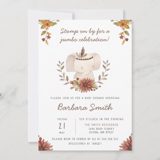 Invitation Baby shower manuscrit Boho Elephant (Devant)