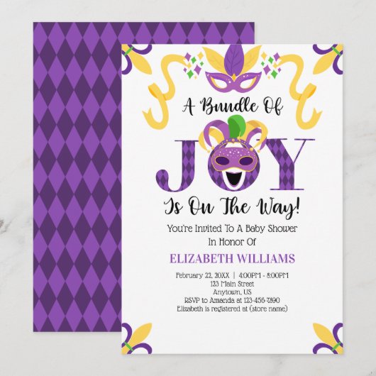 Invitation Baby shower Mardi Gras (Devant / Derrière)