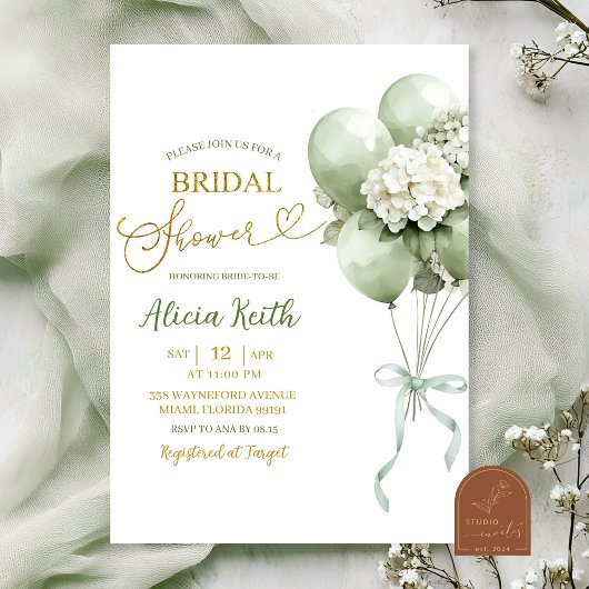 Invitation Baby Shower Mariage Ballon Hydrangea Vert Sage