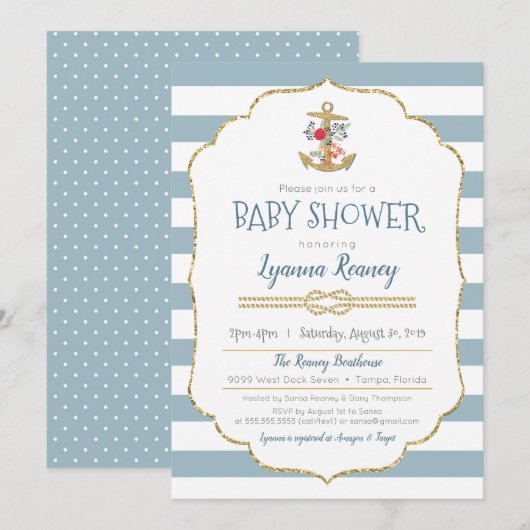 Invitation Baby shower marin Ancre florale Bleu de la marine (Devant / Derrière)