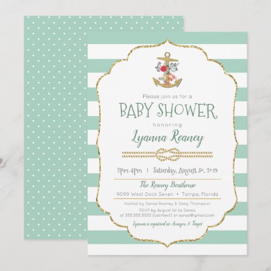 Invitation Baby shower marin Ancre florale Mint Green (Devant / Derrière)