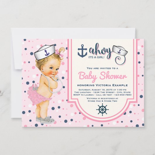 Invitation Baby shower Marin Bleu Rose (Devant)