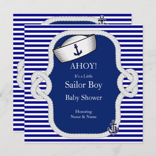 Invitation Baby shower marin Casquette Boy Blue Stripe (Devant / Derrière)