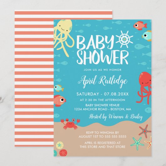 Invitation Baby shower marin Ocean Life (Devant / Derrière)