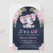 Invitation Baby shower Marine Eléphant Flore Rose Cute (Devant)