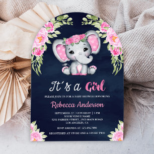 Invitation Baby shower Marine Eléphant Flore Rose Cute