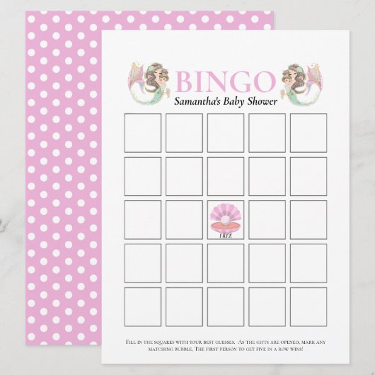 Invitation Baby Shower Marron Mermaid Bingo Sous l'Océan Rose (Devant / Derrière)