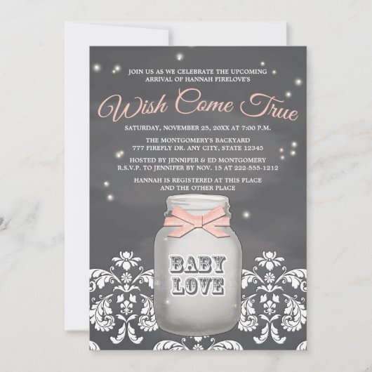 Invitation Baby shower Mason Jar de luciole rose (Devant)