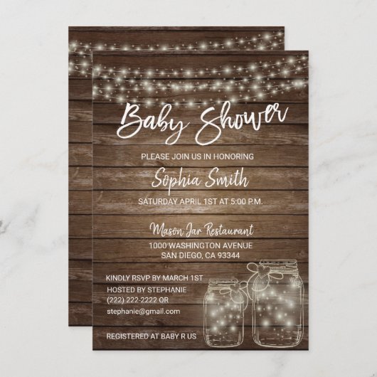 Invitation Baby shower Mason Jar en bois rustique moderne (Devant / Derrière)