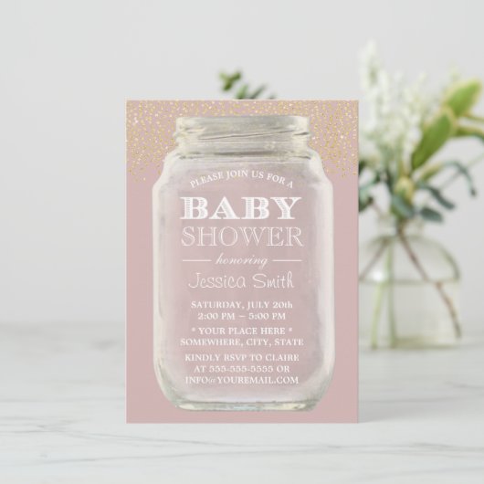 Invitation Baby shower Mason Jar Gold Confetti Dusty rose (Debout devant)