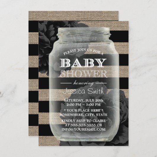 Invitation Baby shower Mason Jar Rustic Burlap Stripes (Devant / Derrière)