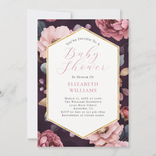 Invitation Baby shower Mauve Purple Pink Gold Peonies (Devant)
