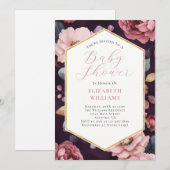 Invitation Baby shower Mauve Purple Pink Gold Peonies (Devant / Derrière)