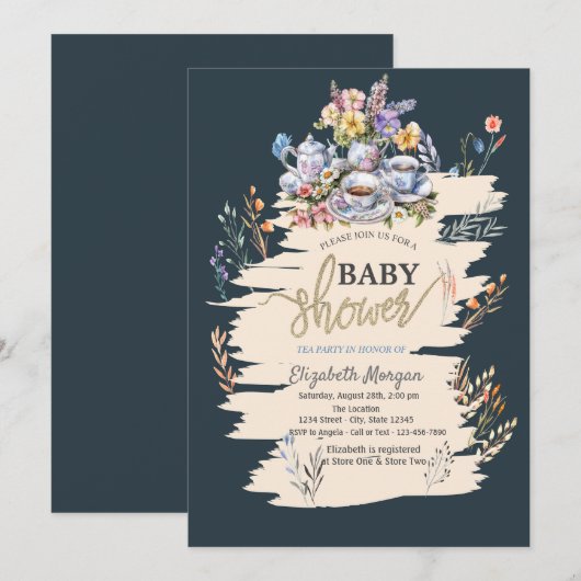 Invitation Baby shower Meadow Fleur sauvage Tea Party (Devant / Derrière)