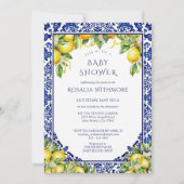 Invitation Baby Shower Méditerranéen Citron Carrelage Bleu (Devant)