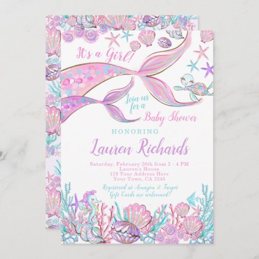 Invitation Baby shower Mermaid (Devant / Derrière)