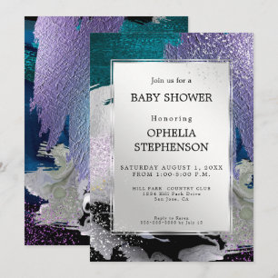 Invitation Baby shower Métallic Argent Turquoise violet Abs