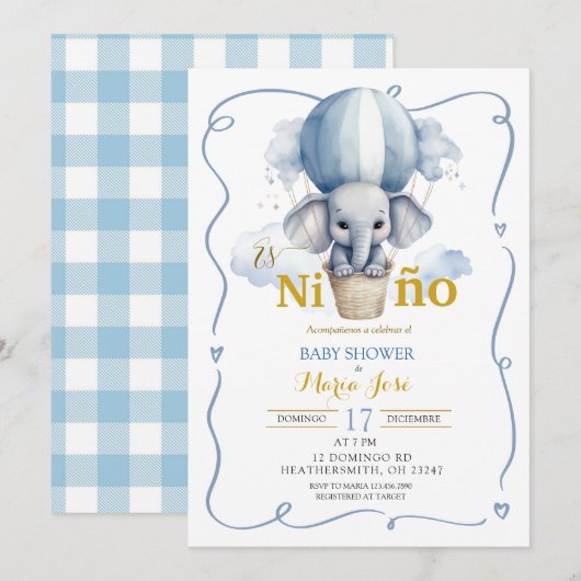 Invitation Baby shower mexicain Es Nino Elephant (Devant / Derrière)