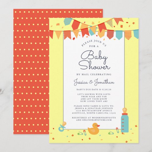 Invitation Baby shower Migné Par Mail Bannières Jaunes Confet (Devant / Derrière)