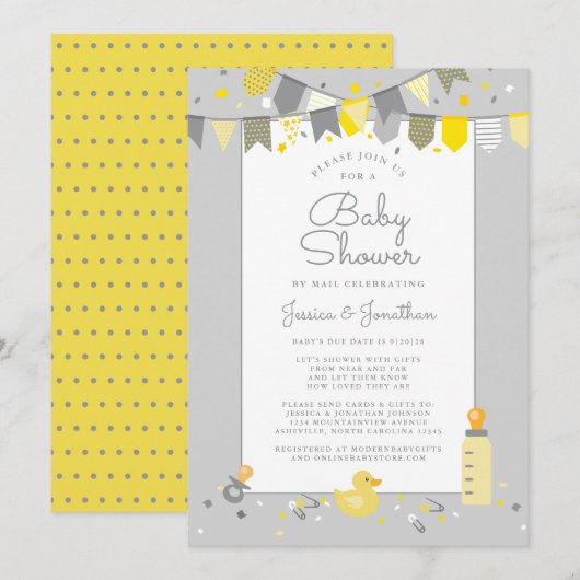 Invitation Baby shower Migné Par Mail Jaune Gris Moderne (Devant / Derrière)