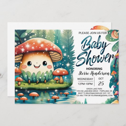 Invitation Baby shower mignon aux champignons enchantant (Devant / Derrière)