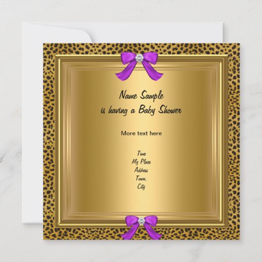 Invitation Baby shower mignon bébé fille léopard pourpre or 4 (Dos)