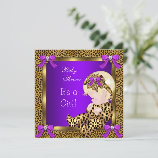 Invitation Baby shower mignon bébé fille léopard violet or 3 (Debout devant)