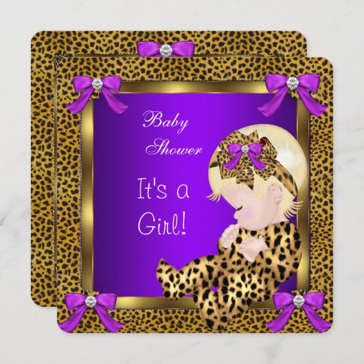 Invitation Baby shower mignon bébé fille léopard violet or 3 (Devant / Derrière)