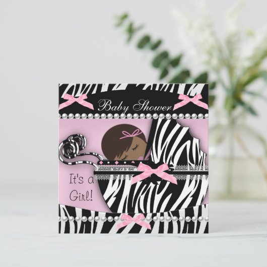 Invitation Baby shower mignon bébé fille rose Zèbre Imprimer (Debout devant)