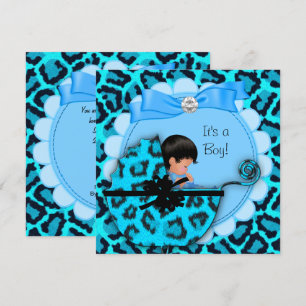 Invitation Baby Shower Mignon Bébé Garçon Bleu Léopard Pousse