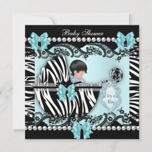Invitation Baby Shower Mignon Bébé Garçon Bleu Zèbre Dentelle