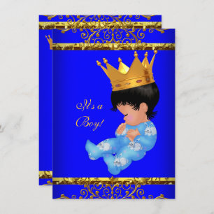 Invitation Baby shower mignon Bleu Gold Boy Prince Crown 4