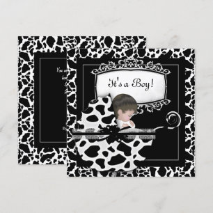 Invitation Baby Shower Mignon Chariot de Bébé Vache Noir Blan