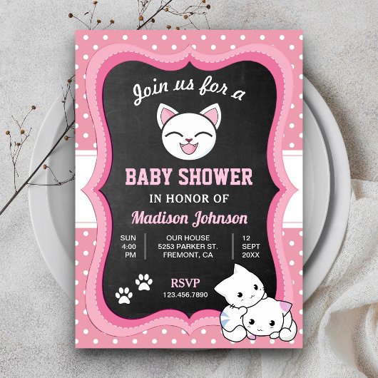 Invitation Baby Shower Mignon Chat Rose