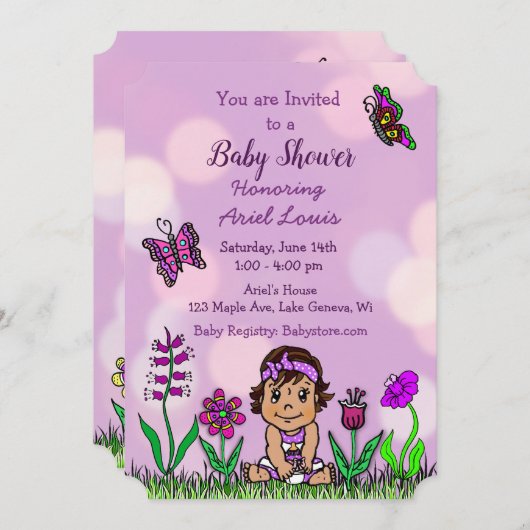 Invitation Baby shower mignon de bébé violet à main (Devant / Derrière)