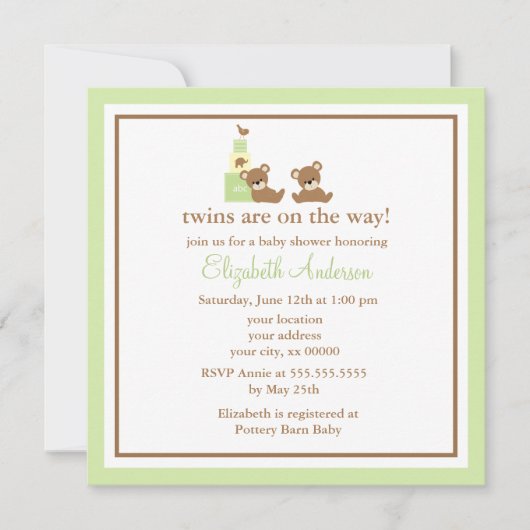 Invitation Baby shower mignon de jumeaux d'ours (Devant)