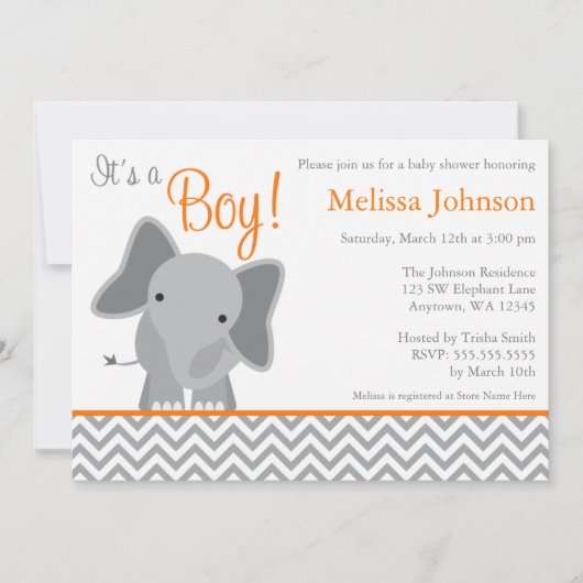 Invitation Baby shower mignon d'orange de Chevron d'éléphant (Devant)