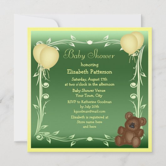 Invitation Baby shower mignon d'ours de nounours et de neutre (Devant)