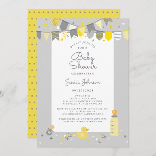 Invitation Baby shower mignon gris jaune moderne drapeaux (Devant / Derrière)